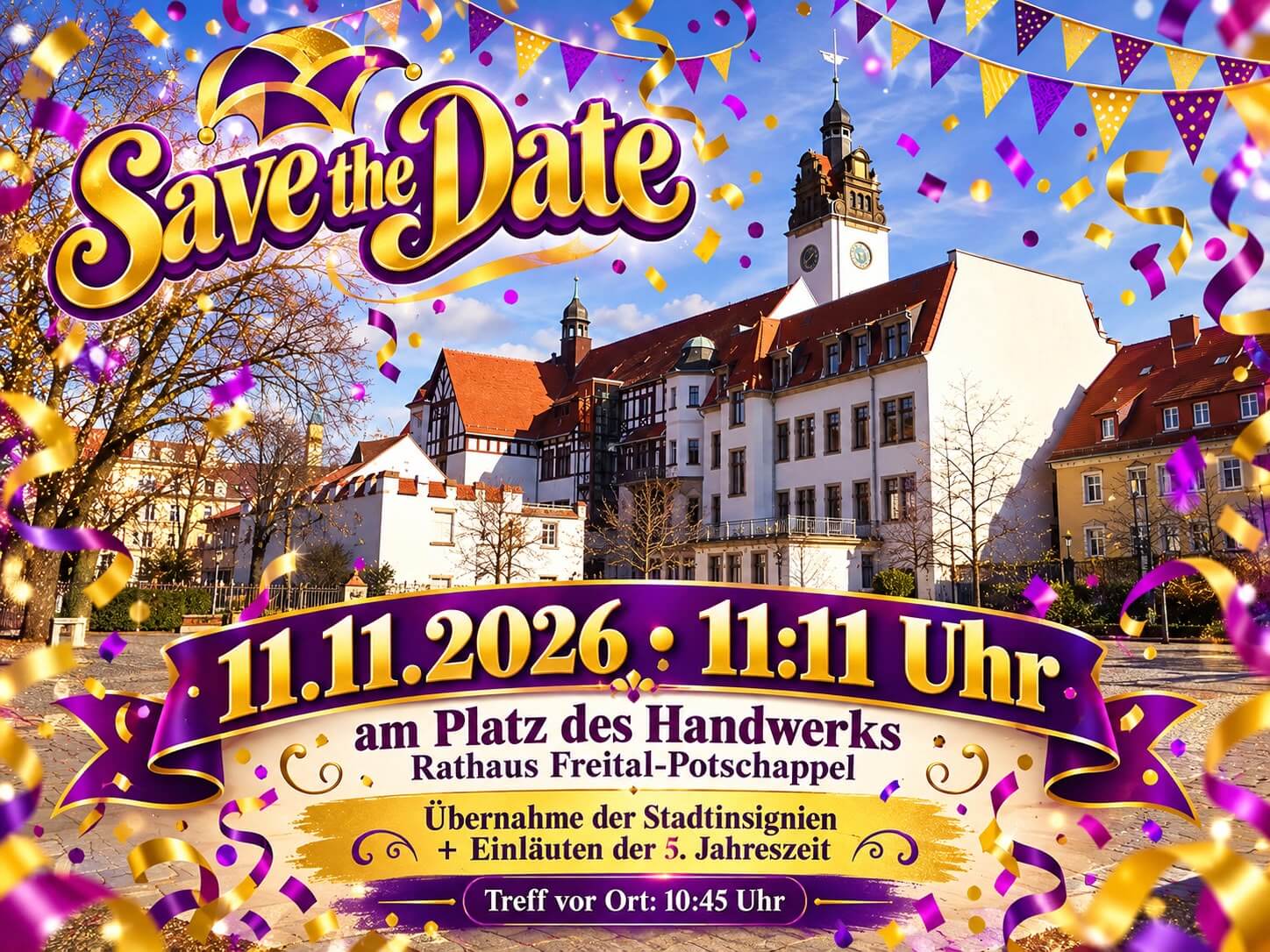 Am 11.11. um 11:11 Uhr starten die Faschings- und Karnevalsvereine in die 5. Jahreszeit. Wir übernehmen mit euch die Insignien der Stadt Freital. Kein Bild zu "11.11. 11:11 Uhr" gefunden